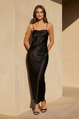 Spaghetti Straps Midi Dress With Lace in Black - KISSBRIDAL