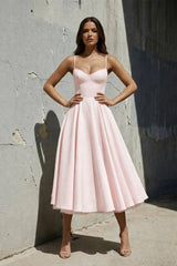 Spaghetti Straps Midi Dress With Lace - Trim in Blush - SHE IS ME