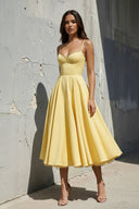 Spaghetti Straps Midi Dress With Lace - Trim in Yellow - KISSBRIDAL