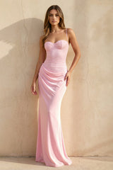 Spaghetti Straps Pleated Maxi Dress in Pink - KISS BRIDAL