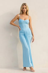 Spaghetti Straps Pleated Maxi Dress in Sky Blue - KISS BRIDAL