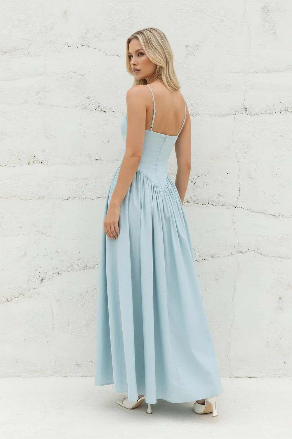 Spaghetti Straps Pleated Maxi Dress in Sky Blue - SHE IS ME