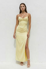 Spaghetti Straps Pleated Midi Dress With Slit in Yellow - KISSBRIDAL