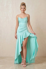Spaghetti Straps Ruched Maxi Dress in Aqua - KISS BRIDAL PROM DRESSES