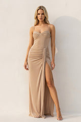 Spaghetti Straps Ruched Maxi Dress With Slit in Champagne - KISS BRIDAL