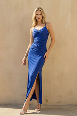Spaghetti Straps Ruched Midi Dress With Slit in Royal Blue - KISSBRIDAL