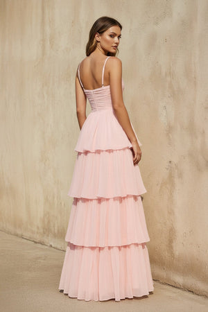 Spaghetti Straps Ruffled Gown in Blush - SHE IS ME Prom Dresses