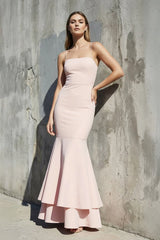 Spaghetti Straps Ruffled Mermaid Maxi Dress in Blush Pink - KISS BRIDAL