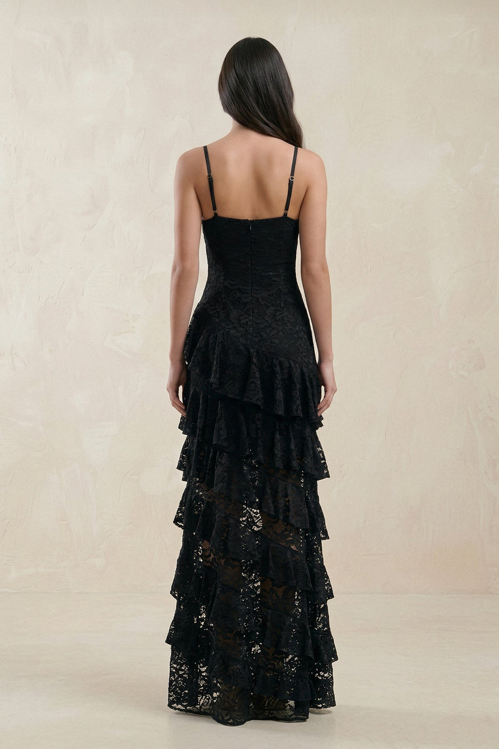 Spaghetti Straps Ruffled Sheath Lace Wedding Dress in Black - KISS BRIDAL Wedding Dresses