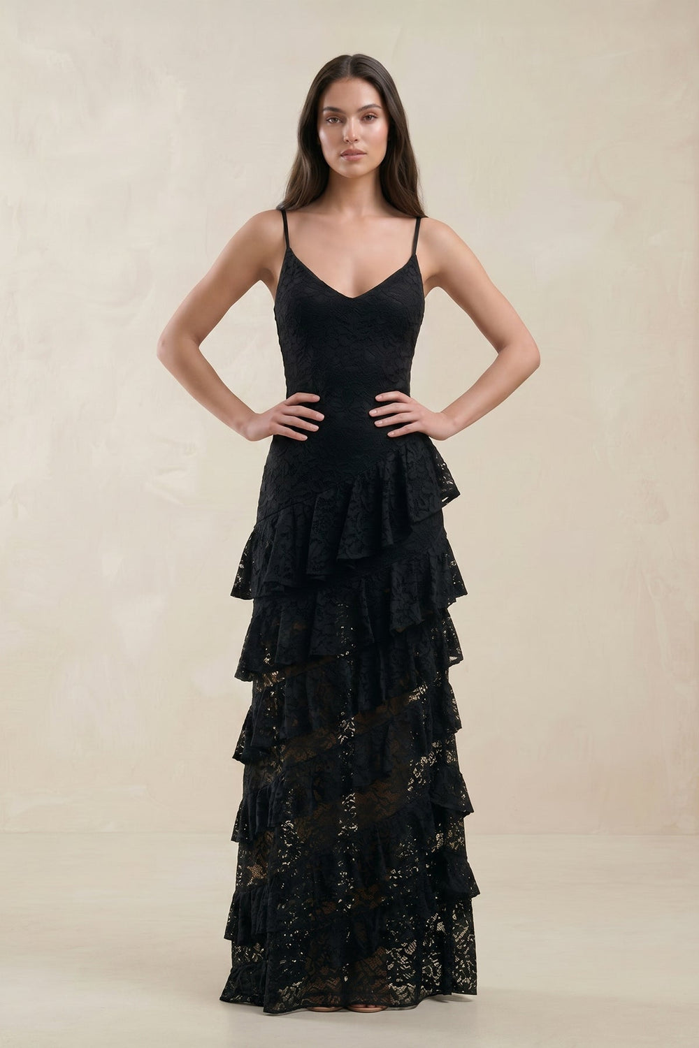 Spaghetti Straps Ruffled Sheath Lace Wedding Dress in Black - KISS BRIDAL Wedding Dresses