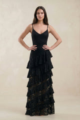 Spaghetti Straps Ruffled Sheath Lace Wedding Dress in Black - KISS BRIDAL Wedding Dresses