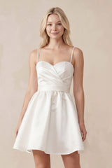 Spaghetti Straps Satin A-Line Ruched Mini Wedding Dress in Ivory