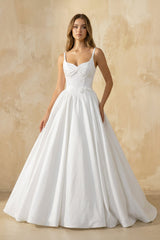 Spaghetti Straps Satin Ball Gown With Appliques in White - KISS BRIDAL Wedding Dresses