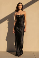Spaghetti Straps Satin Cutout Maxi Dress in Black - KISS BRIDAL