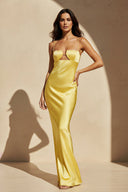 Spaghetti Straps Satin Cutout Maxi Dress in Yellow - KISS BRIDAL