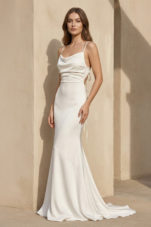 Spaghetti Straps Satin Mermaid Wedding Dress in Ivory - KISS BRIDAL Wedding Dresses