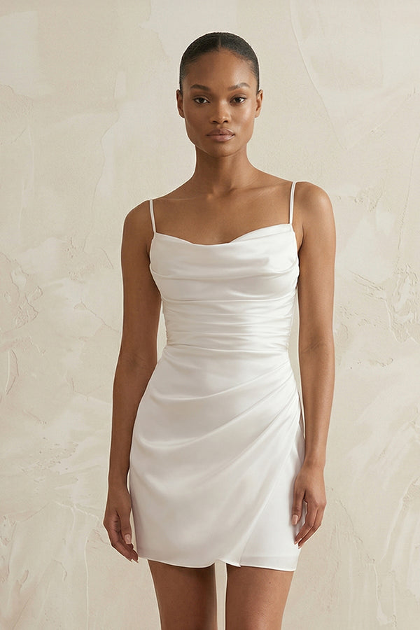 Spaghetti Straps Satin Ruched Wedding Dress in White - SHE IS ME Wedding Dresses