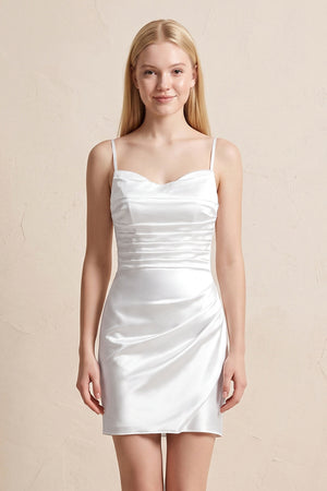 Spaghetti Straps Satin Ruched Wedding Dress in White - KISS BRIDAL Wedding Dresses