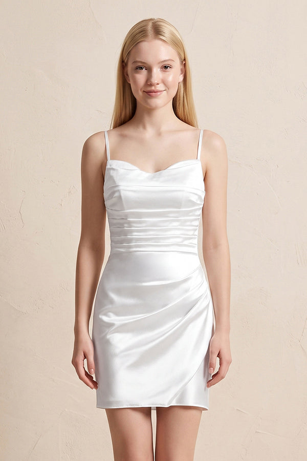 Spaghetti Straps Satin Ruched Wedding Dress in White - KISS BRIDAL Wedding Dresses