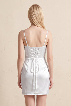 Spaghetti Straps Satin Ruched Wedding Dress in White - KISS BRIDAL Wedding Dresses