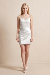 Spaghetti Straps Satin Ruched Wedding Dress in White - KISS BRIDAL Wedding Dresses
