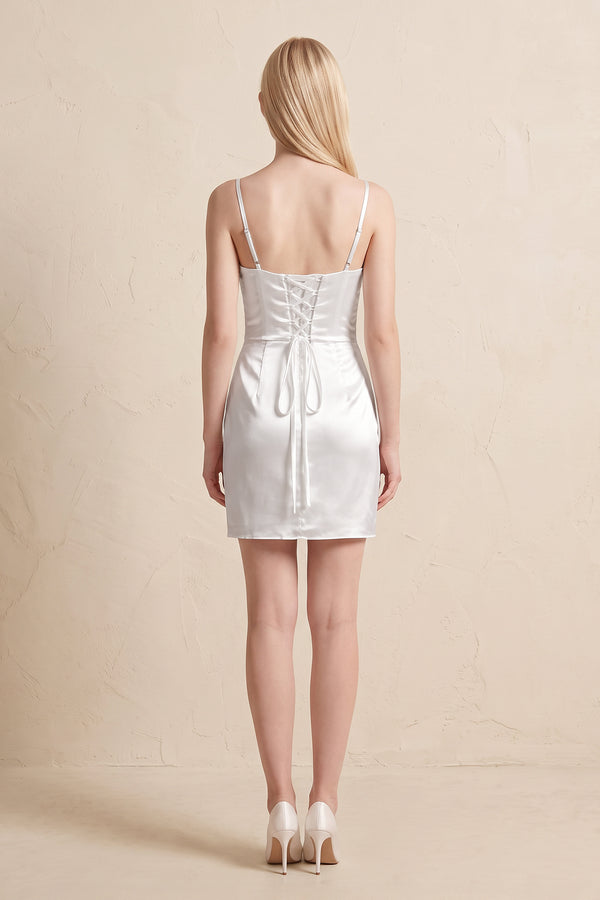 Spaghetti Straps Satin Ruched Wedding Dress in White - KISS BRIDAL Wedding Dresses