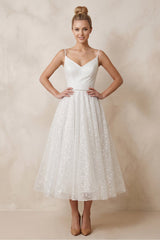 Spaghetti Straps Sequined A - Line Ruched Wedding Dress in White - KISS BRIDAL Wedding Dresses