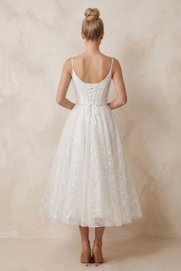 Spaghetti Straps Sequined A - Line Ruched Wedding Dress in White - KISS BRIDAL Wedding Dresses