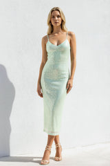Spaghetti Straps Sequins Open Back Midi Dress in Mint Green - KISSBRIDAL