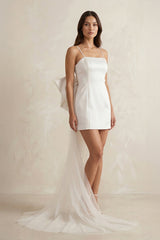 Spaghetti Straps Sheath Bow Wedding Dress With Tulle Train in White - KISS BRIDAL Wedding Dresses
