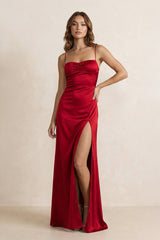 Spaghetti Straps Sheath Maxi Dress With Slit in Burgundy - KISS BRIDAL PROM DRESSES
