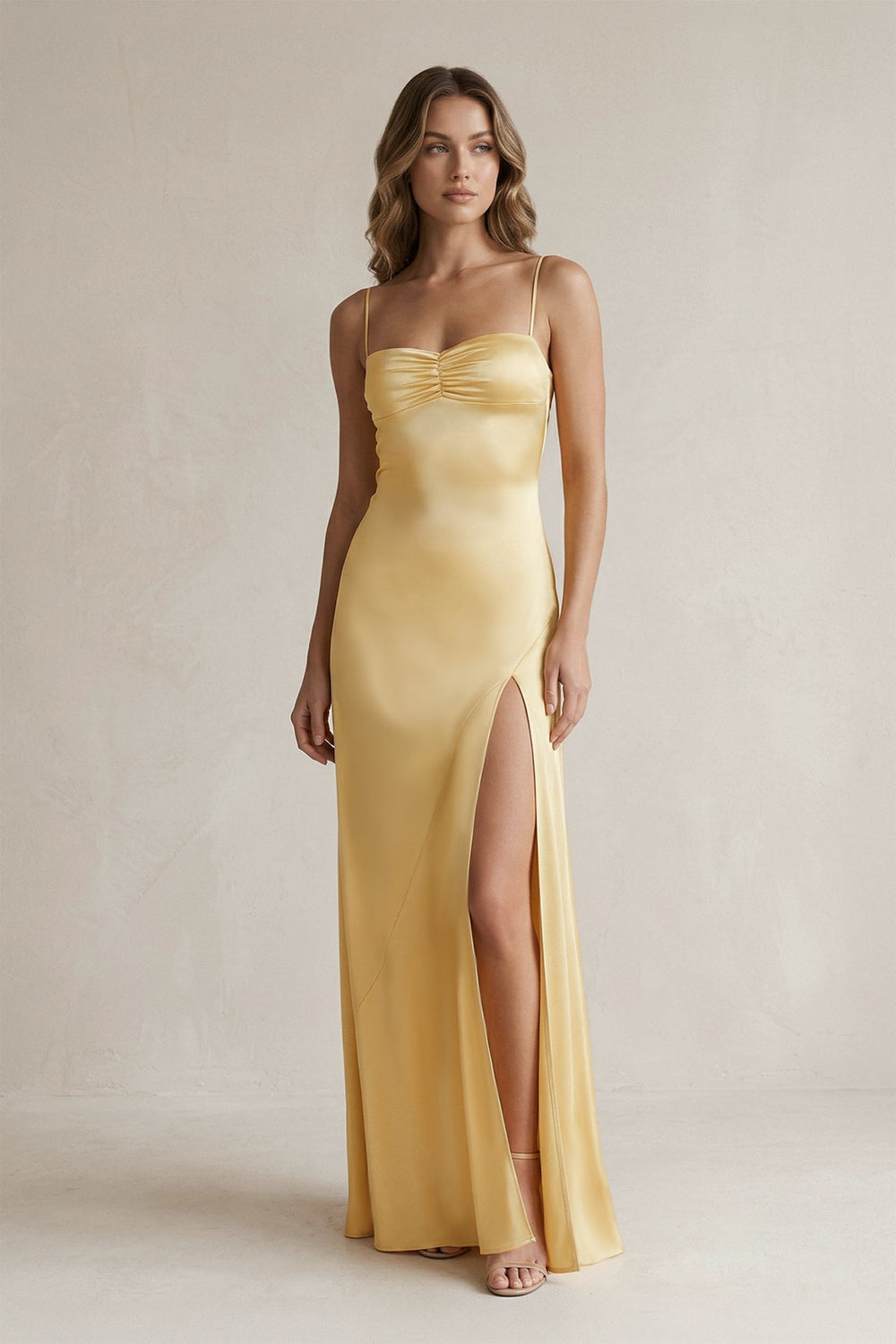 Spaghetti Straps Sheath Maxi Prom Dress With Slit in Yellow - KISS BRIDAL PROM DRESSES