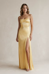 Spaghetti Straps Sheath Maxi Prom Dress With Slit in Yellow - KISS BRIDAL 