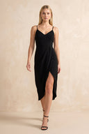 Spaghetti Straps Sheath Midi Dress with Slit in Black – SHE IS ME Dresses