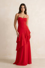 Spaghetti Straps Sheath Ruffled Maxi Dress in Red - KISS BRIDAL PROM DRESSES