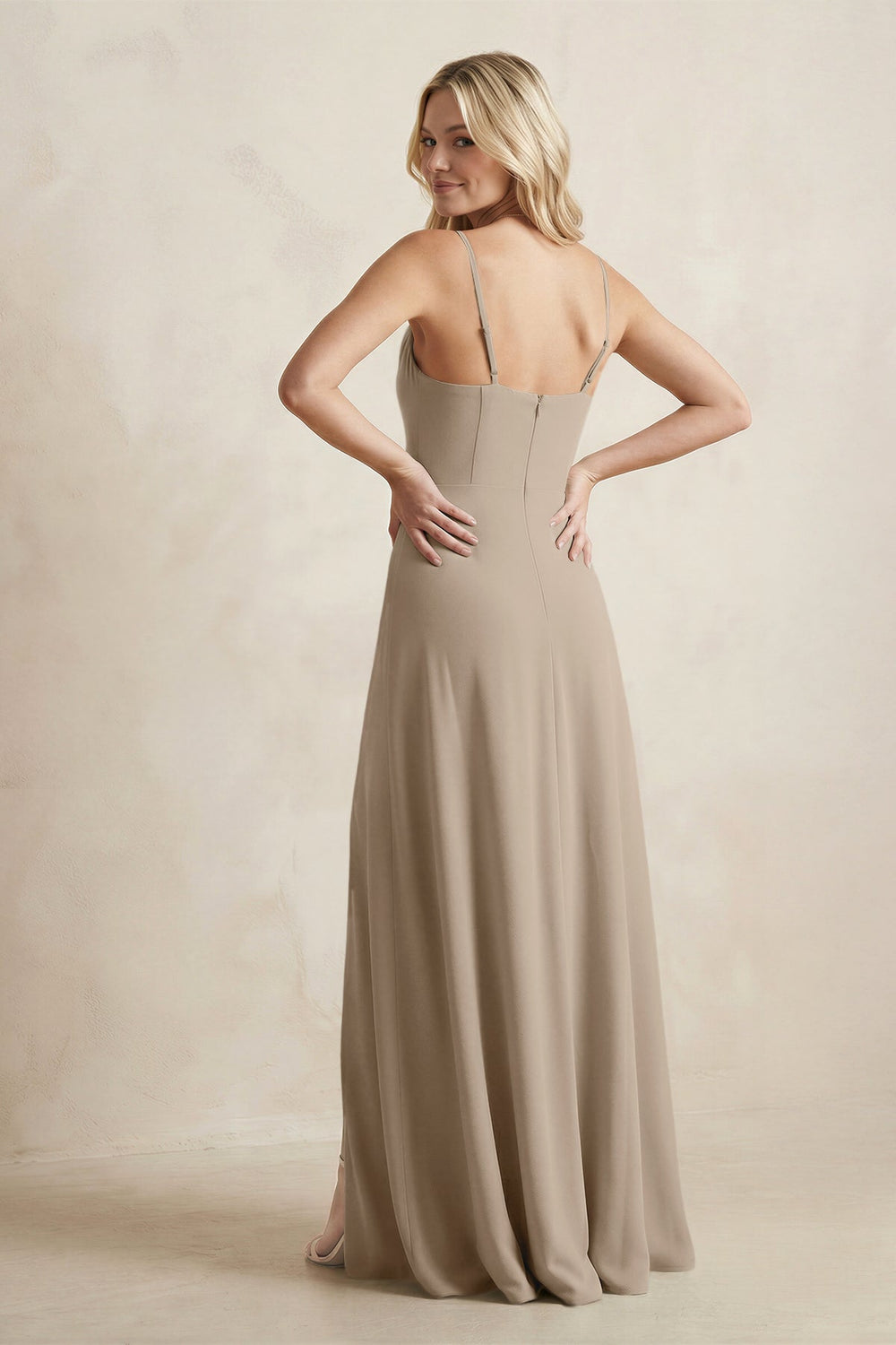 Spaghetti Straps Sheath Satin Bridesmaid Dress With Slit in Almond - KISS BRIDAL Bridesmaid Dresses
