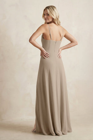 Spaghetti Straps Sheath Satin Bridesmaid Dress With Slit in Almond - KISS BRIDAL Bridesmaid Dresses