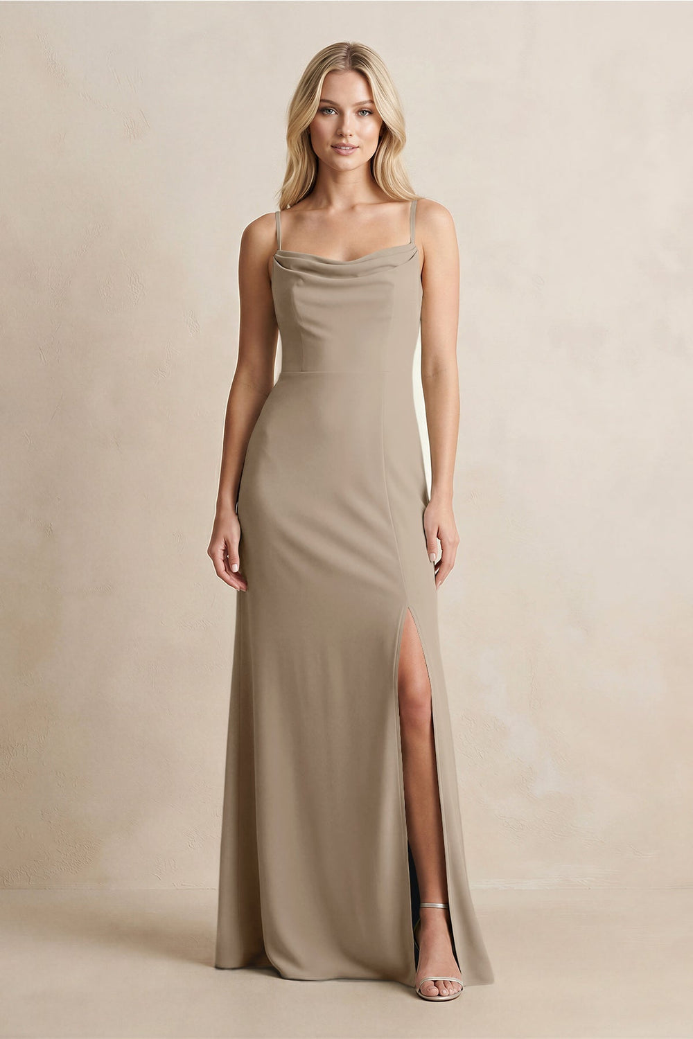 Spaghetti Straps Sheath Satin Bridesmaid Dress With Slit in Almond - KISS BRIDAL Bridesmaid Dresses