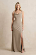 Spaghetti Straps Sheath Satin Bridesmaid Dress With Slit in Almond - KISS BRIDAL Bridesmaid Dresses