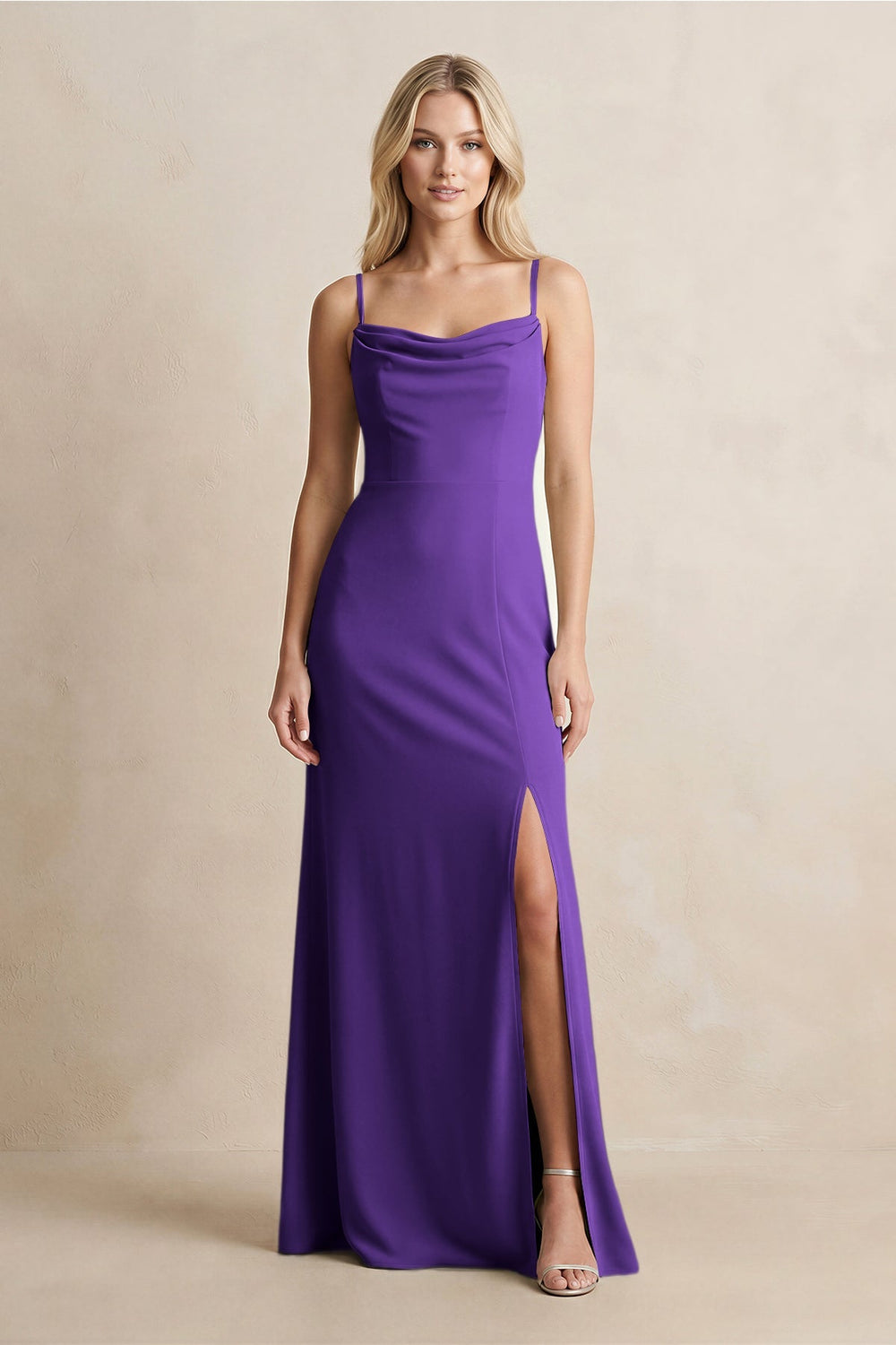 Spaghetti Straps Sheath Satin Bridesmaid Dress With Slit in Amethyst - KISS BRIDAL Bridesmaid Dresses