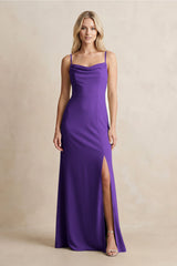 Spaghetti Straps Sheath Satin Bridesmaid Dress With Slit in Amethyst - KISS BRIDAL Bridesmaid Dresses
