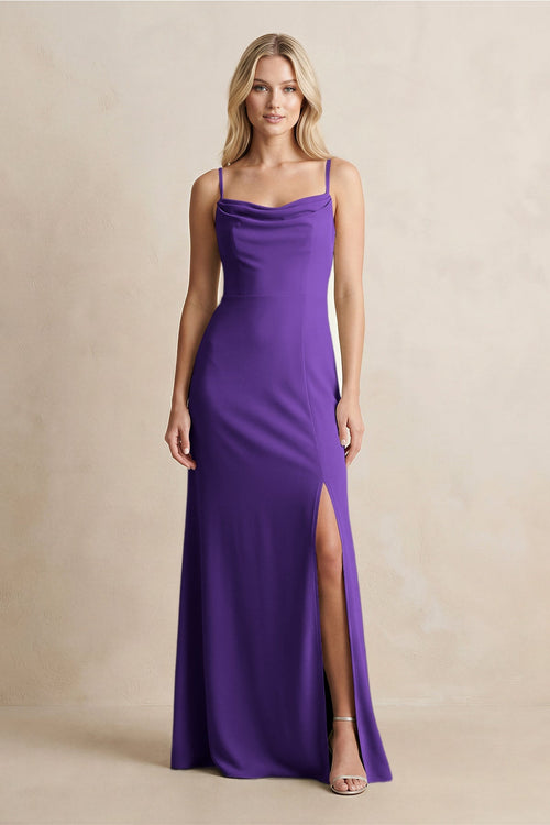 Spaghetti Straps Sheath Satin Bridesmaid Dress With Slit in Amethyst - KISS BRIDAL Bridesmaid Dresses