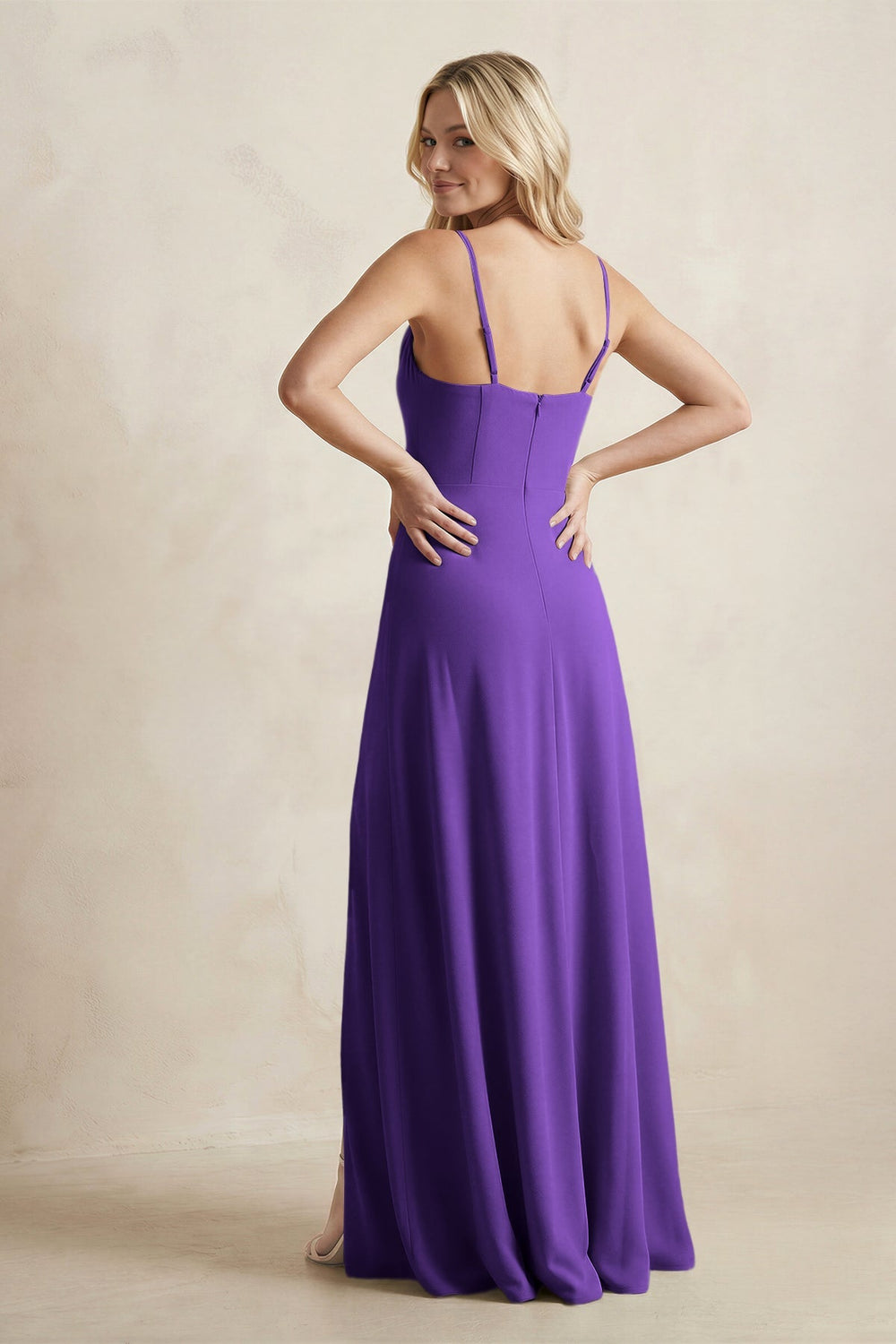 Spaghetti Straps Sheath Satin Bridesmaid Dress With Slit in Amethyst - KISS BRIDAL Bridesmaid Dresses