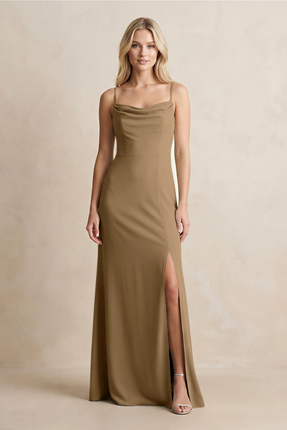 Spaghetti Straps Sheath Satin Bridesmaid Dress With Slit in Apple Cinnamon - KISS BRIDAL Bridesmaid Dresses