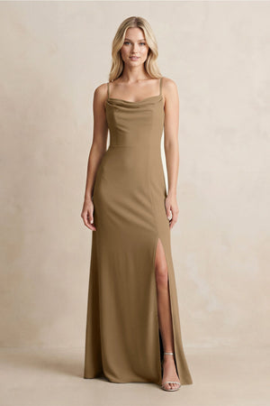 Spaghetti Straps Sheath Satin Bridesmaid Dress With Slit in Apple Cinnamon - KISS BRIDAL Bridesmaid Dresses