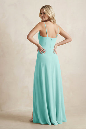 Spaghetti Straps Sheath Satin Bridesmaid Dress With Slit in Aqua - KISS BRIDAL Bridesmaid Dresses