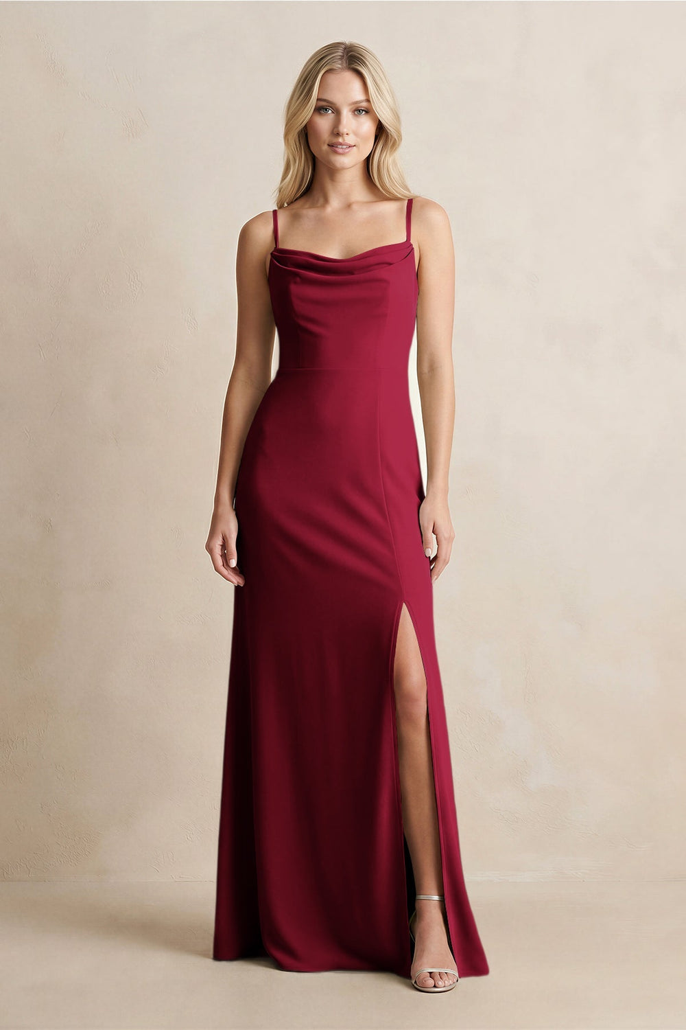 Spaghetti Straps Sheath Satin Bridesmaid Dress With Slit in Berry - KISS BRIDAL Bridesmaid Dresses