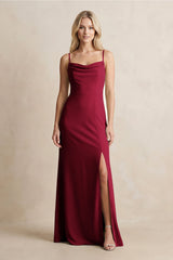 Spaghetti Straps Sheath Satin Bridesmaid Dress With Slit in Berry - KISS BRIDAL Bridesmaid Dresses