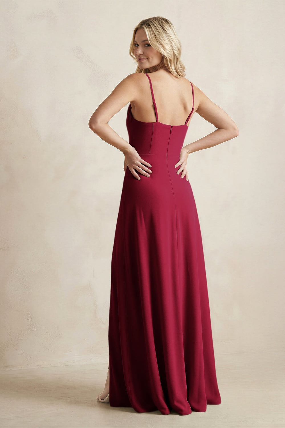 Spaghetti Straps Sheath Satin Bridesmaid Dress With Slit in Berry - KISS BRIDAL Bridesmaid Dresses
