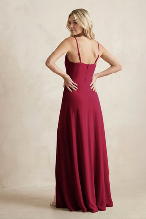 Spaghetti Straps Sheath Satin Bridesmaid Dress With Slit in Berry - KISS BRIDAL Bridesmaid Dresses